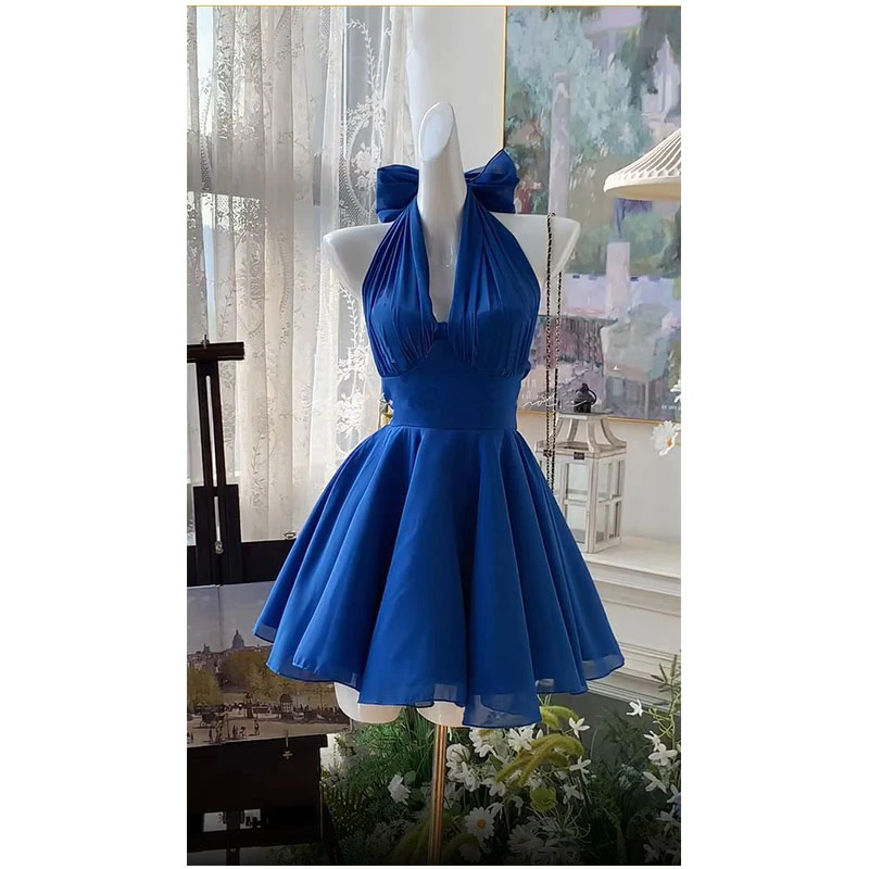 无袖挂脖蝴蝶结系带连衣裙女夏季2025新款多巴胺法式独特漂亮短裙