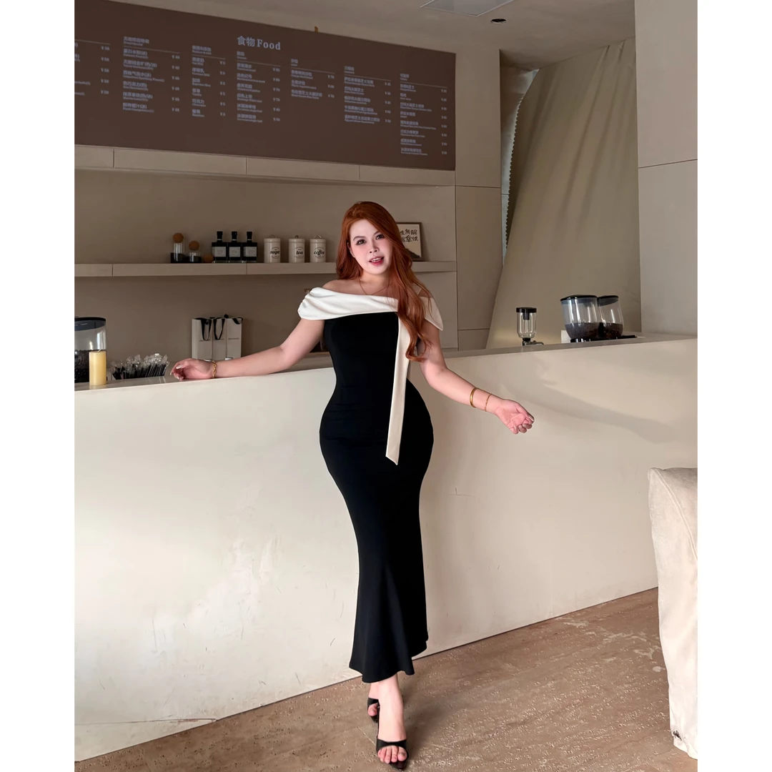 云端情书 复古优雅端庄遮肉显瘦一字肩修饰飘带鱼尾包臀裙G179