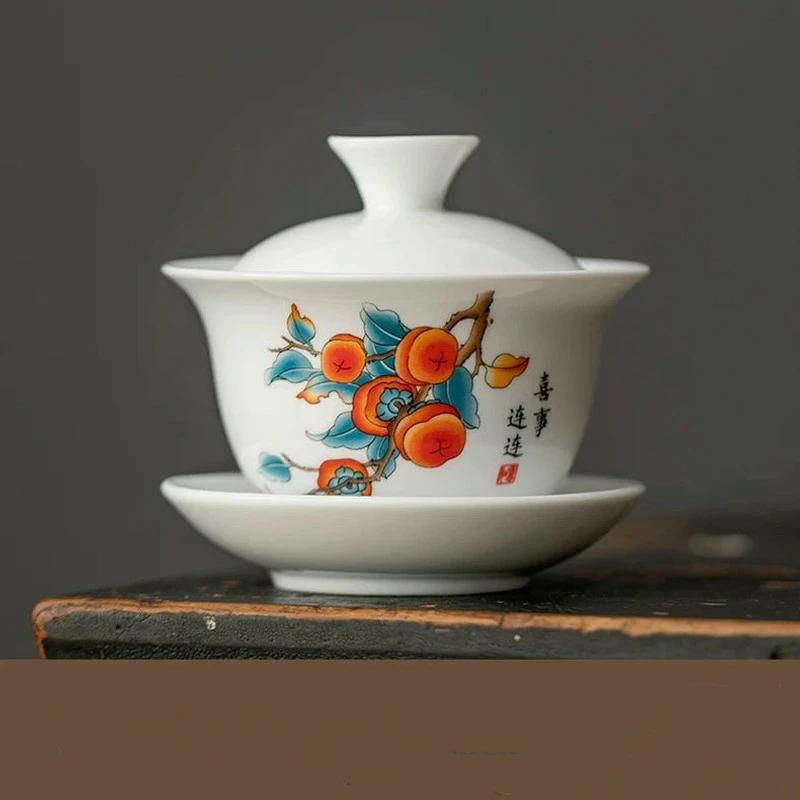 羊脂玉陶瓷三才盖碗茶杯带盖家用德化白瓷功夫茶具泡茶碗茶盖碗