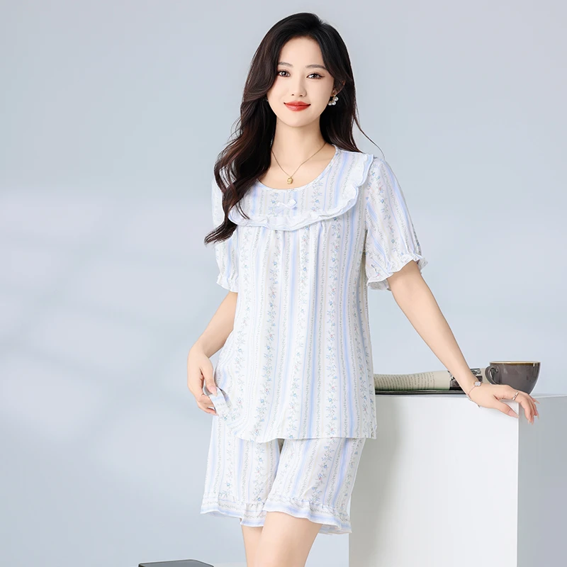 夏季新款棉绸睡衣女大码短袖花边款家居服人造棉套装两件套可外穿