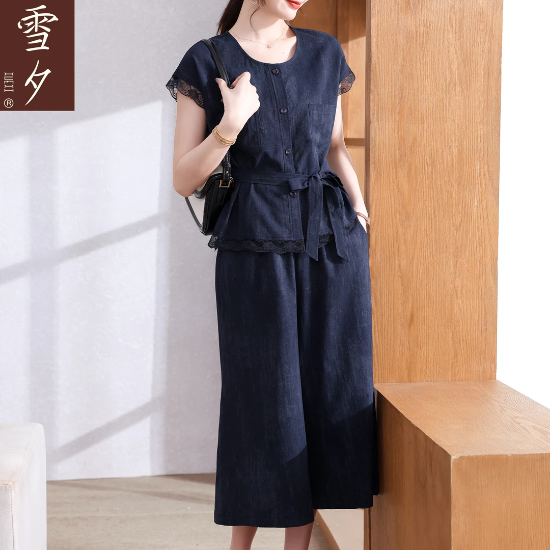 雪夕妈妈夏装时尚套装新中式洋气2025新款中老年女夏阔腿裤两件套