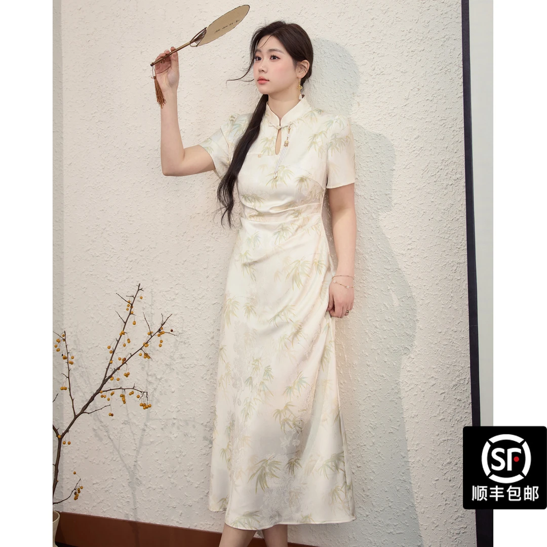 蓝语【竹中意】大码女装新中式提花改良旗袍夏新款收腰显瘦连衣裙