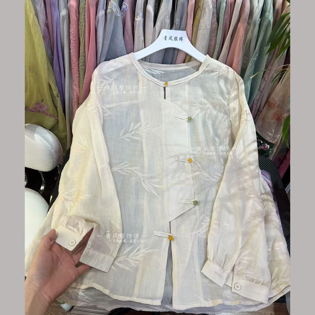 青风】9531 春夏纯苎麻重工竹叶刺绣文艺复古苎麻女上衣长袖女衬衫