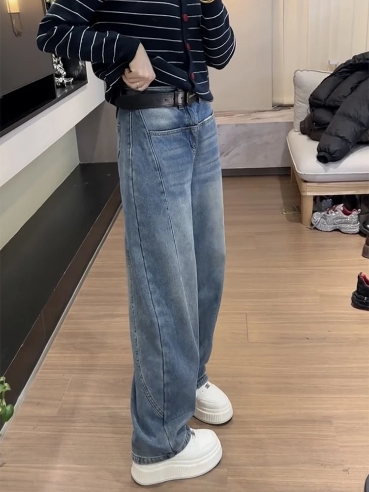 2025年春季新款窄版直筒牛仔裤女显瘦洋气弯刀裤大码遮肉阔腿裤子