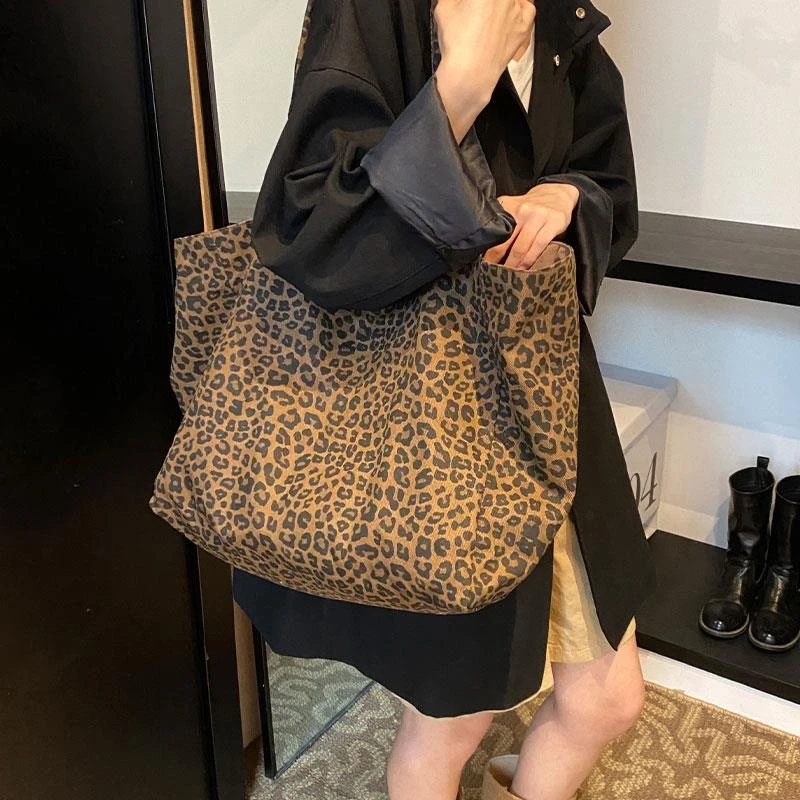 感豹纹帆布包包女韩国新款休闲 慵懒风单肩包大容量通勤托 托特包