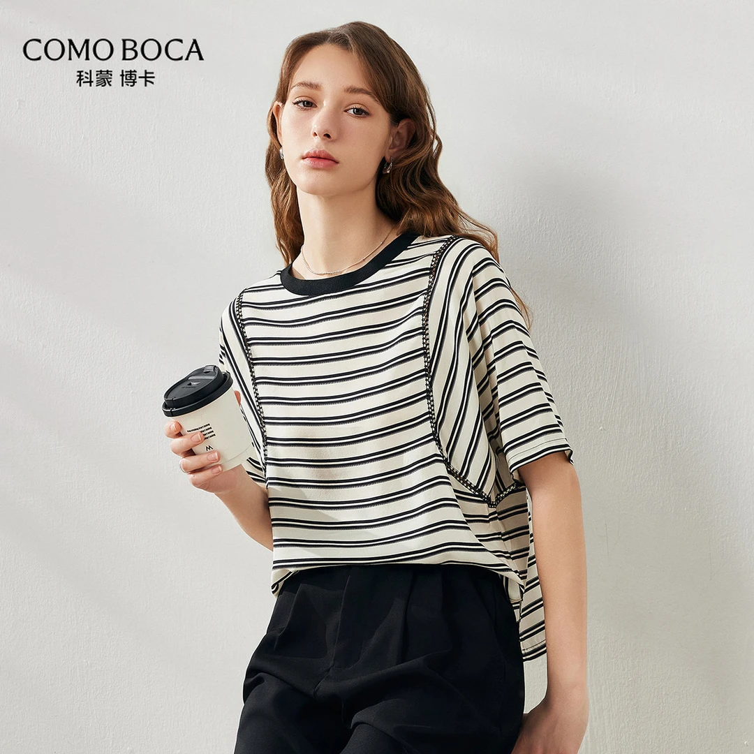 COMOBOCA/科蒙·博卡桑蚕丝双绉印花条纹短袖松弛感上衣KXTQG22055
