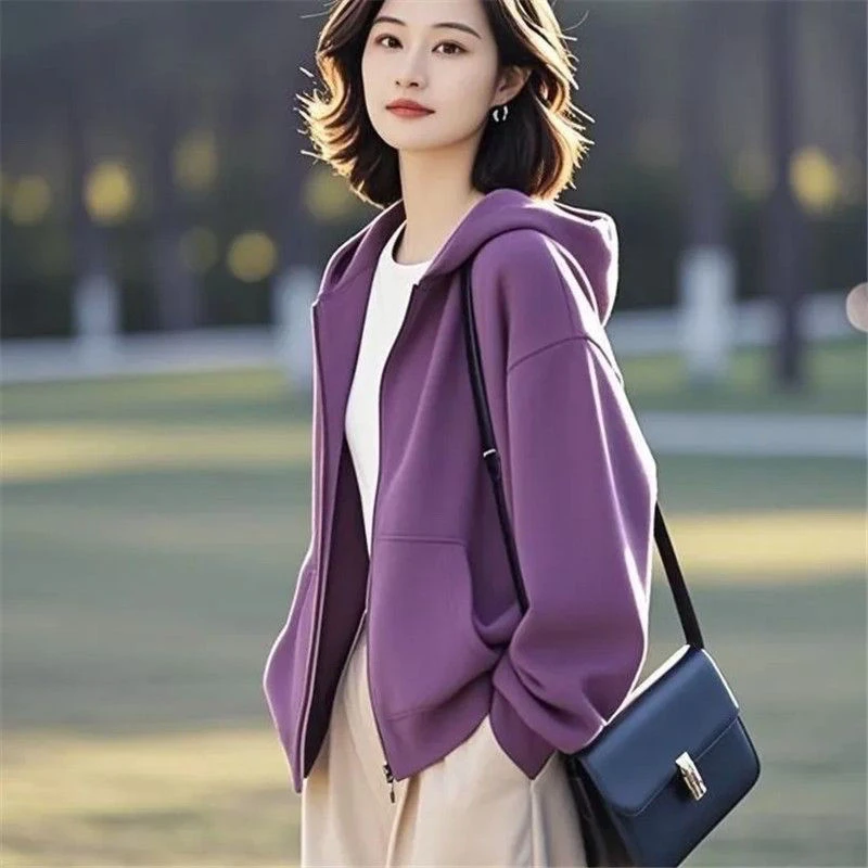 新款爆款小个子时尚洋气连帽卫衣女士胖mm大码开衫上衣高级感外套