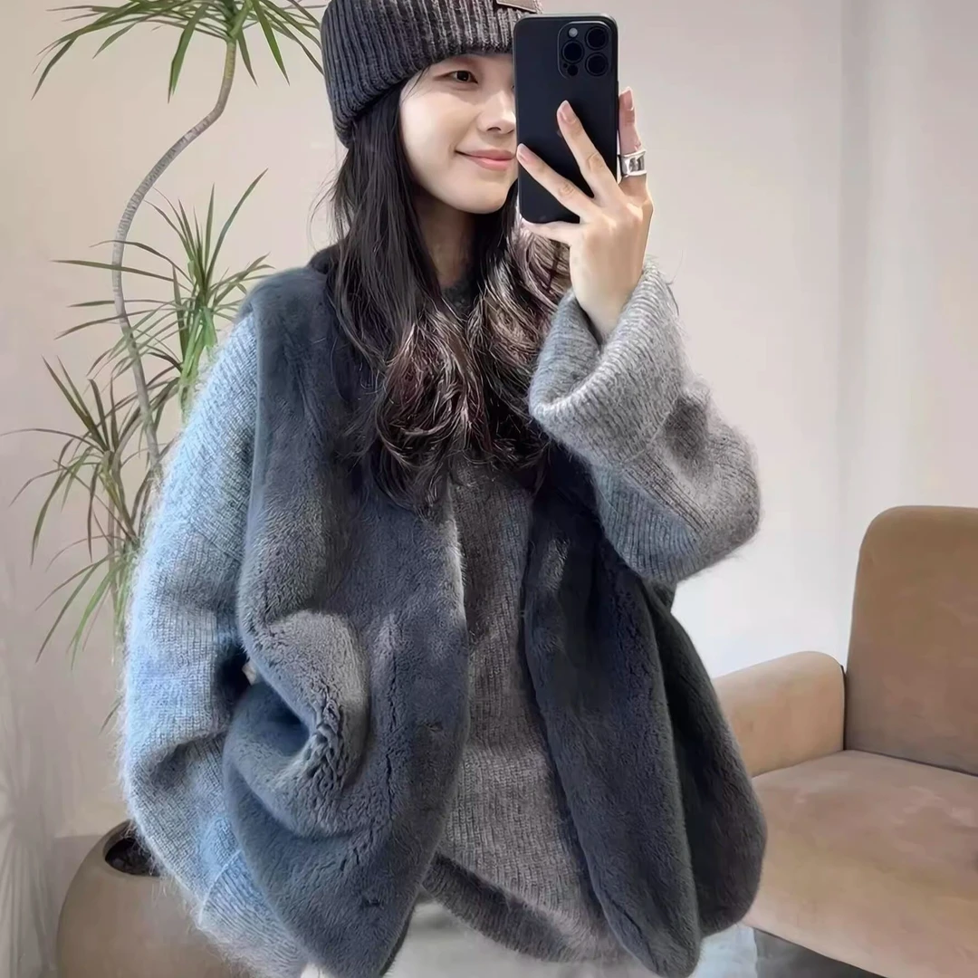 人造皮草 宽松V领女士皮草开衫格雷系新款学生百搭马甲加厚貂绒
