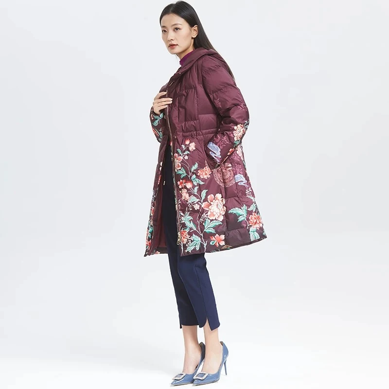 妙采长款花色连帽羽绒服