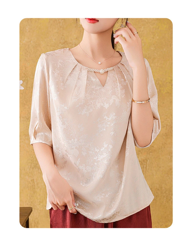 25年夏季新款国风珍珠扣气质百搭洋气V领提花半袖
