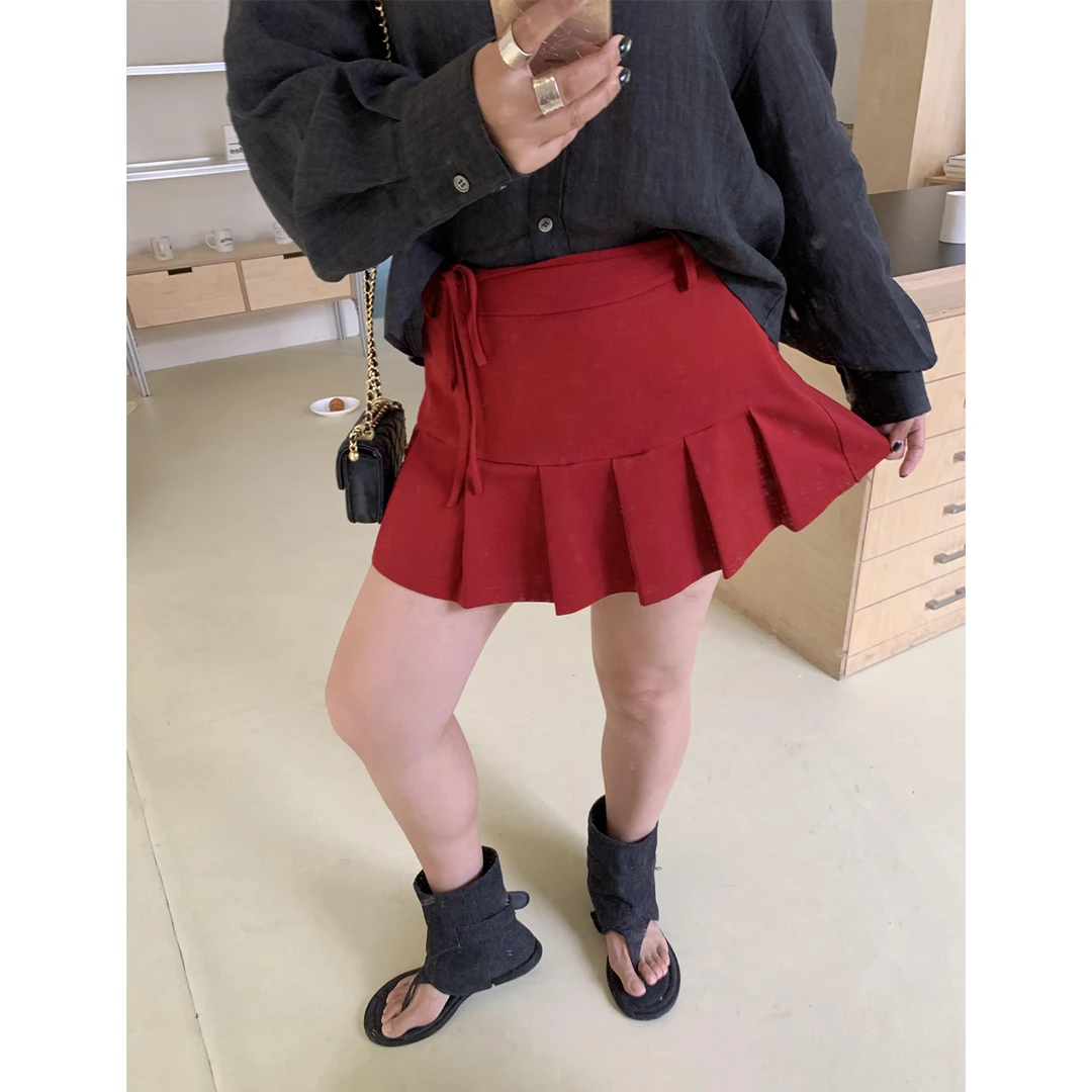 晶咕白标~高腰系带小百褶拼接短裙裤女夏季户外甜美风拼接短裙