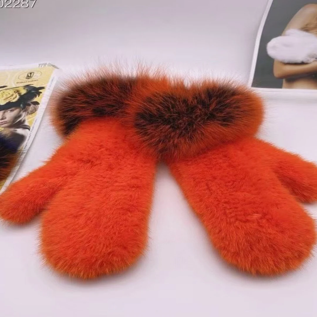 时尚百搭狐狸毛口无指加厚貂皮弹力编织手套保暖舒适