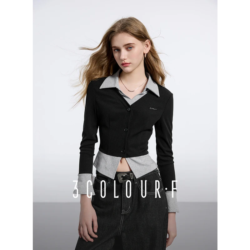 三彩独醒2025春季新款假两件T恤翻领拼接上衣开叉短款修身休闲F