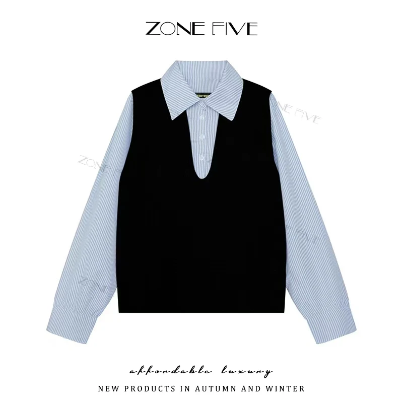 【zonefive】早秋韩系chic别致上衣假两件衬衫拼接针织上衣女Q1328