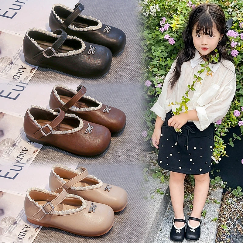 儿童皮鞋2025春秋新款女童软底蕾丝花边公主鞋女宝宝豆豆鞋子防滑