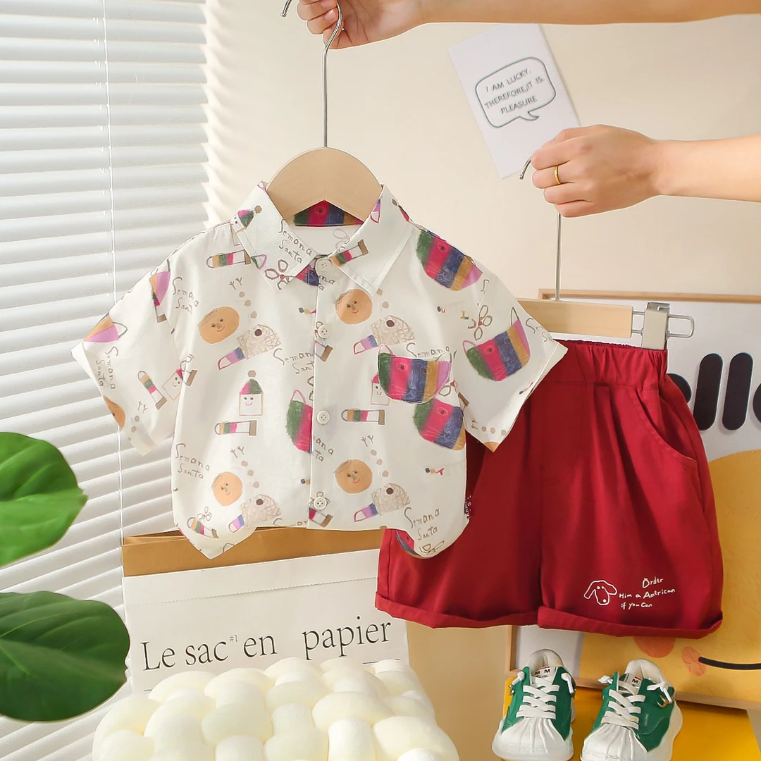 2025春新款卡通印花棉童短袖两件套薄款夏季衬衫宝宝单排扣儿童