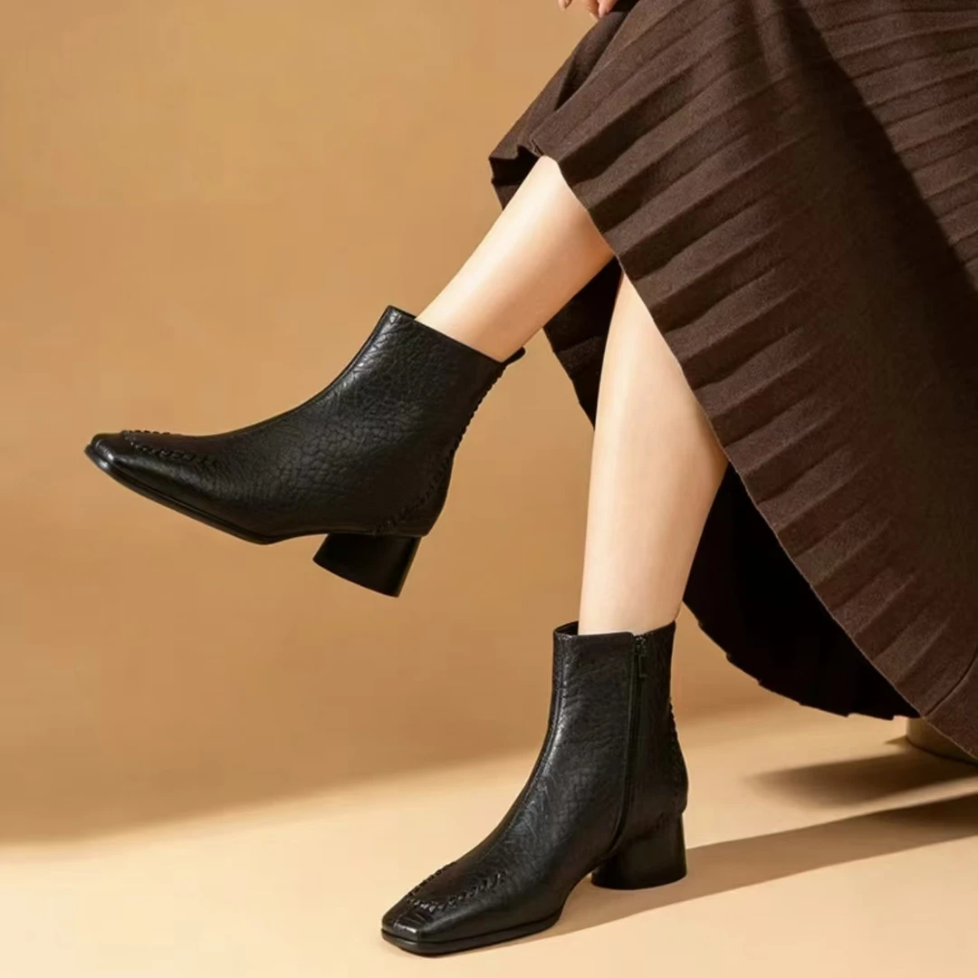 【品牌力荐】欧美短靴女粗跟棕色加绒冬季靴子女款中筒靴1175