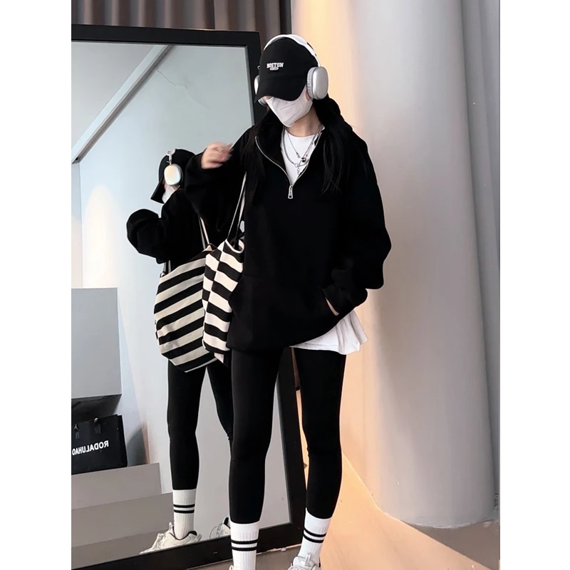 767春秋新款套头纯色卫衣连帽加绒加厚男女情侣卫衣宽松休闲黑色