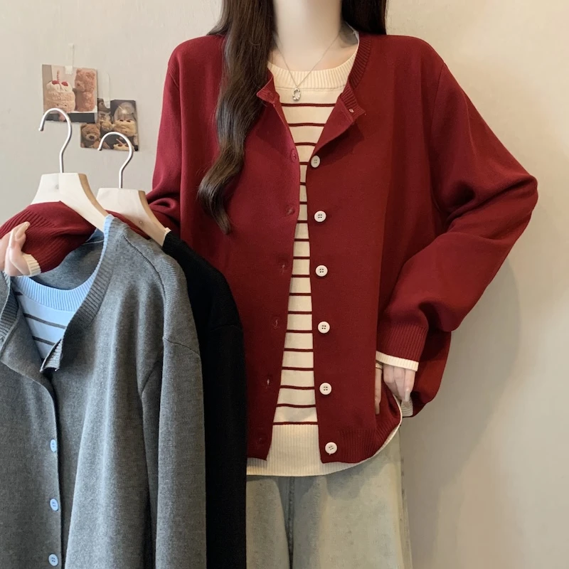 哺乳装外出辣妈款假两件条纹针织衫女2025新款秋冬打底衫外套上衣