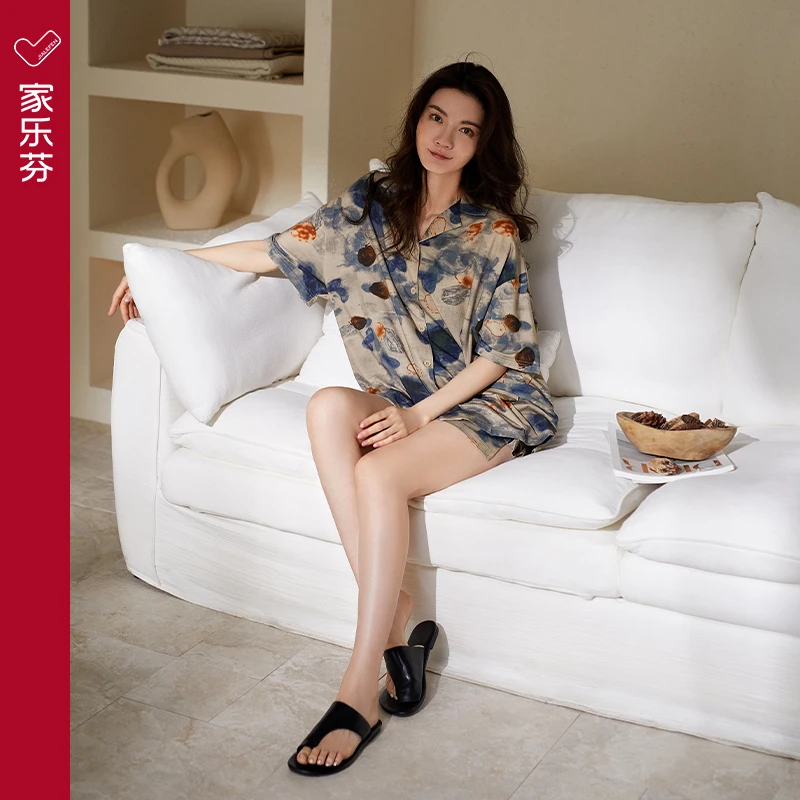 家乐芬睡衣女夏季夏款短袖短裤莫代尔家居服冰丝薄款大码套装夏天