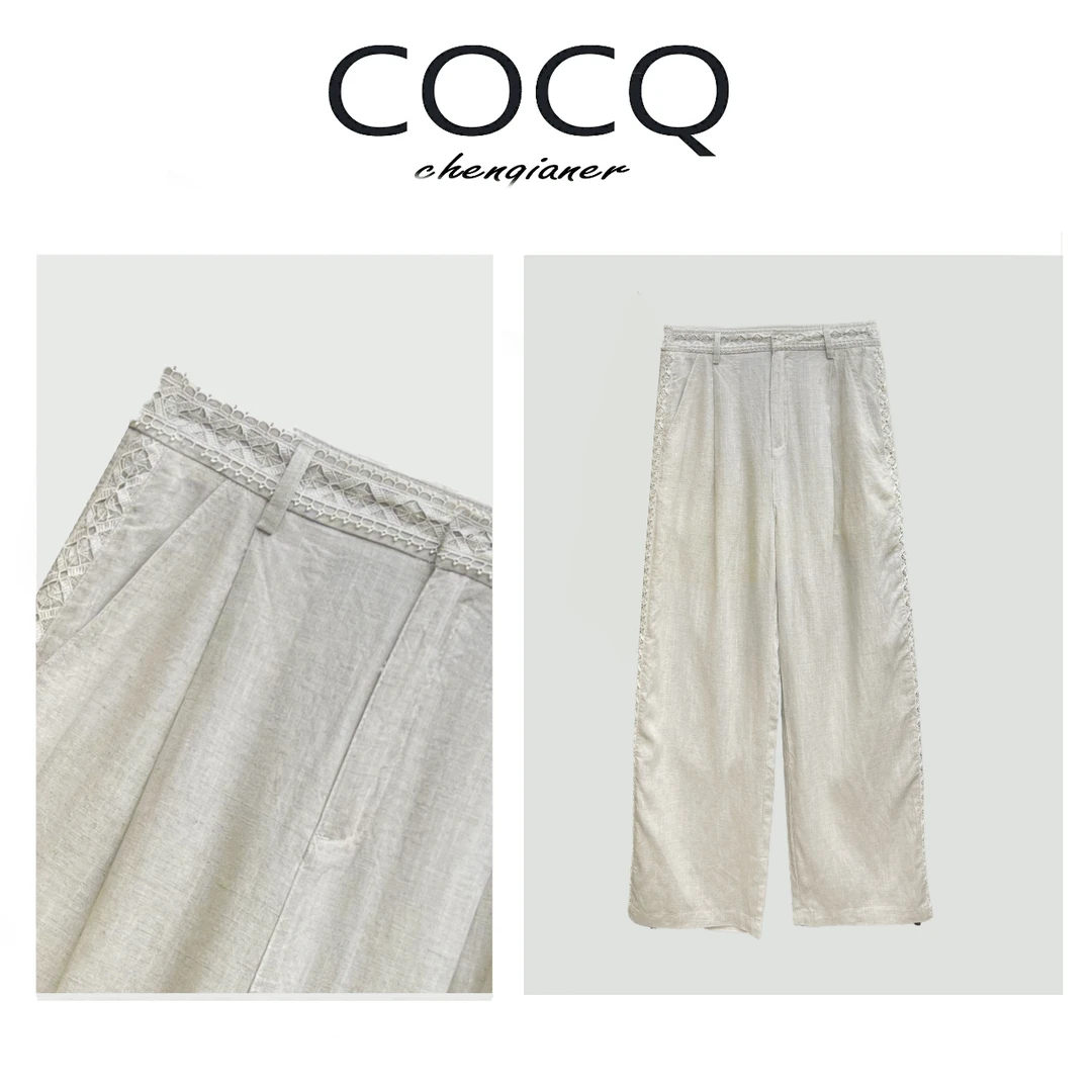 【COCQ】天丝亚麻蕾丝镂空拼接边直筒裤夏季亲肤透气