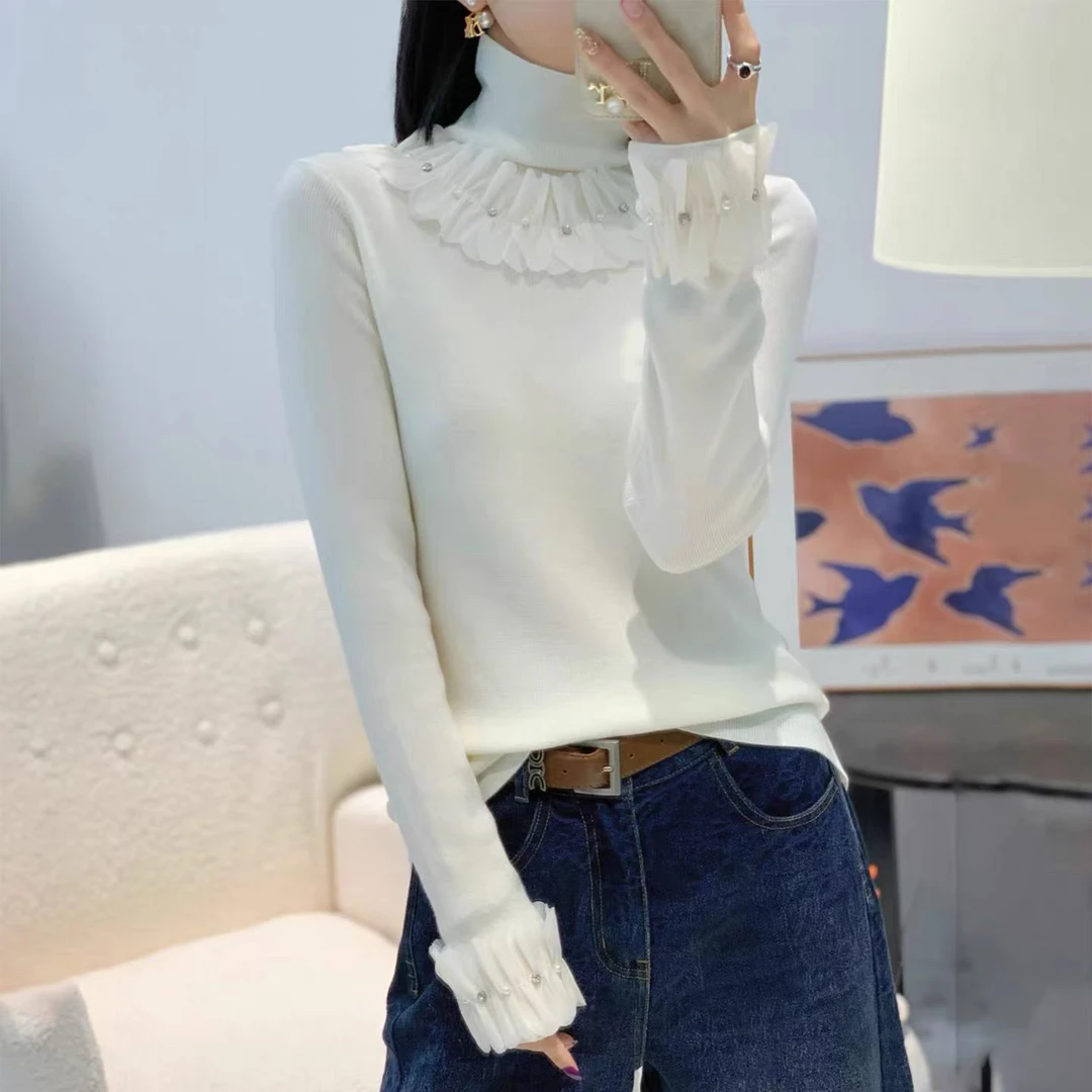 2025秋冬新款法式浪漫风荷叶边高领毛衣女洋气羊毛针织打底衫