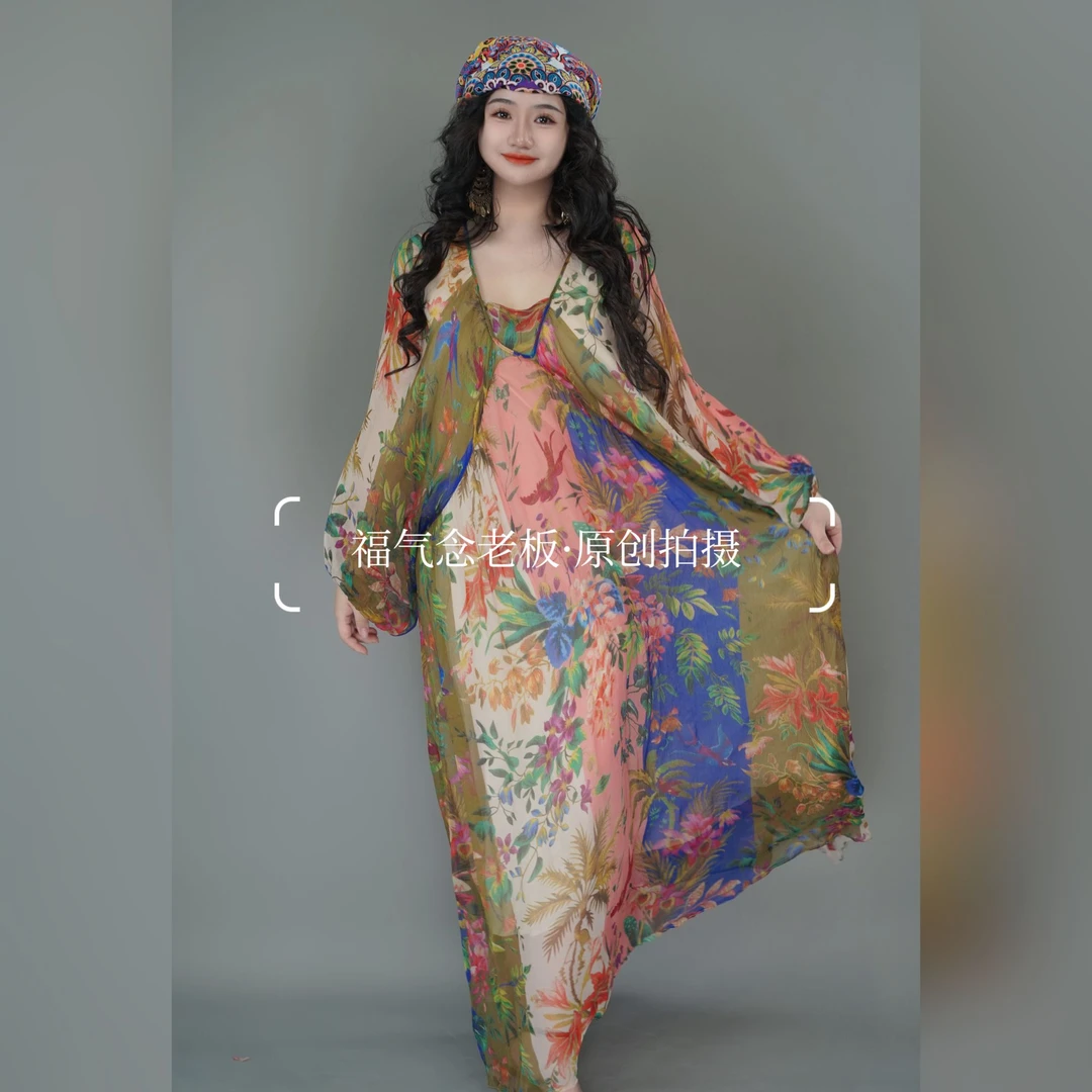 【七彩民族风】重磅100桑蚕丝连衣裙长裙复古印花民族风长袖仙女裙