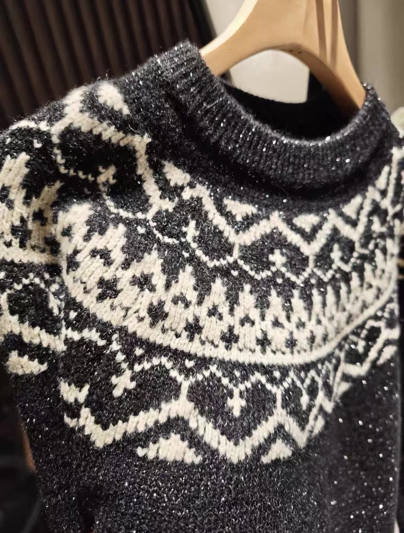 【费尔岛亮丝】新款韩系设计感提花针织毛衣