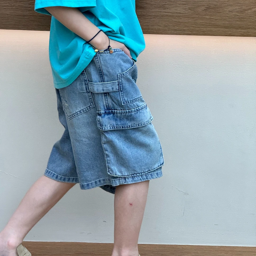 vilimama25年夏款中小童大口袋工装牛仔五分 浅蓝色牛仔中裤25554