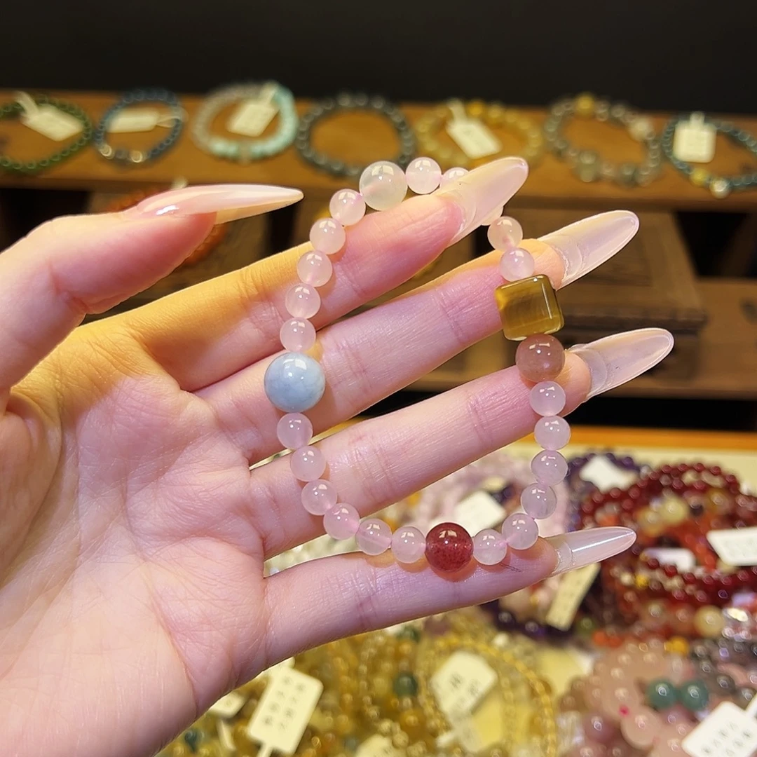 水晶手链银S925镶嵌粉多宝新款