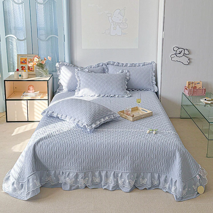 2025新款四季皱皱纱双蕾丝床裙夹棉加厚绗缝韩式纯色公主风韩版