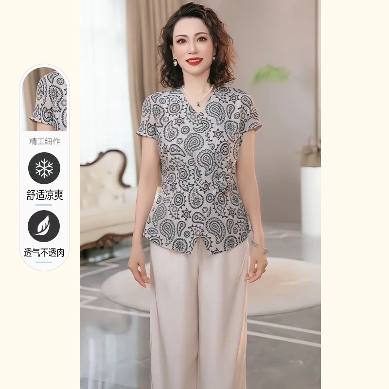 2025新款洋气妈妈套装夏季时尚上衣服洋气休闲中老年女装上衣