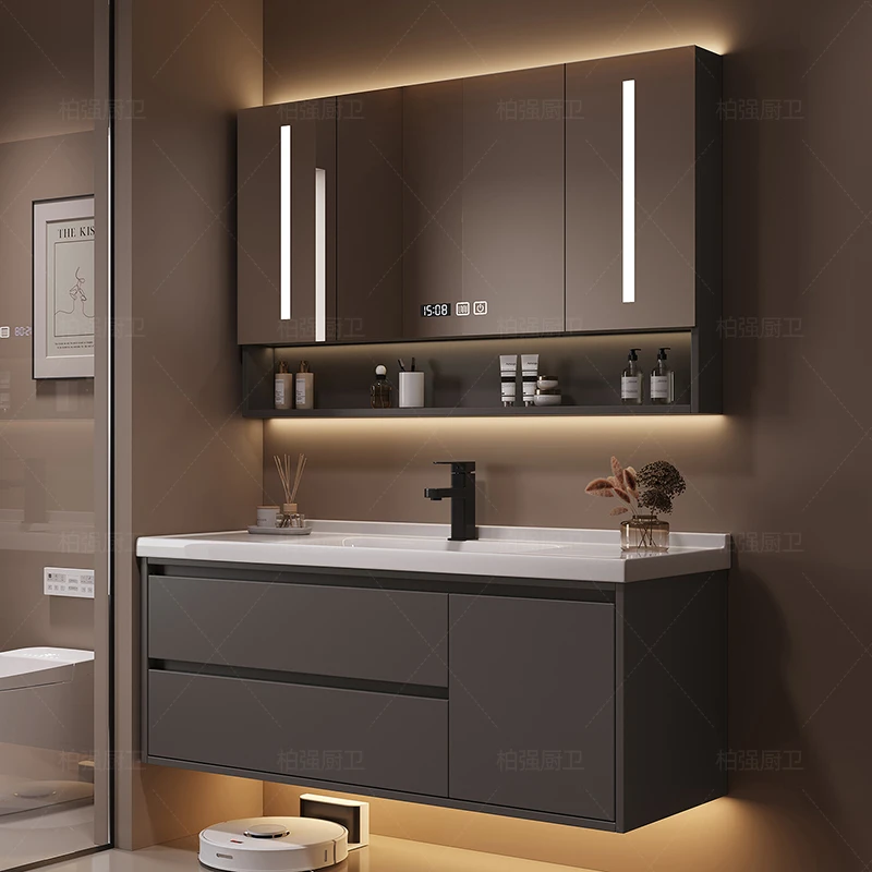 ENF级陶瓷一体盆美妆用品储物收纳镜面加热快速除雾实木浴室柜灰