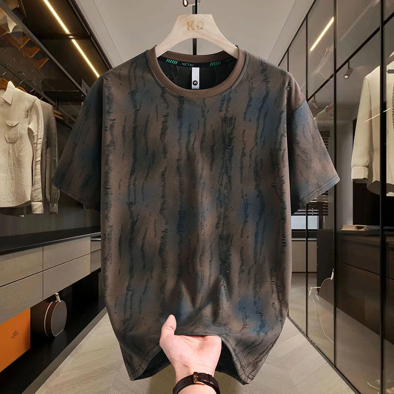 2025新款高端短袖T恤男士圆领扎染破洞个性t体恤衫夏季高级感上衣