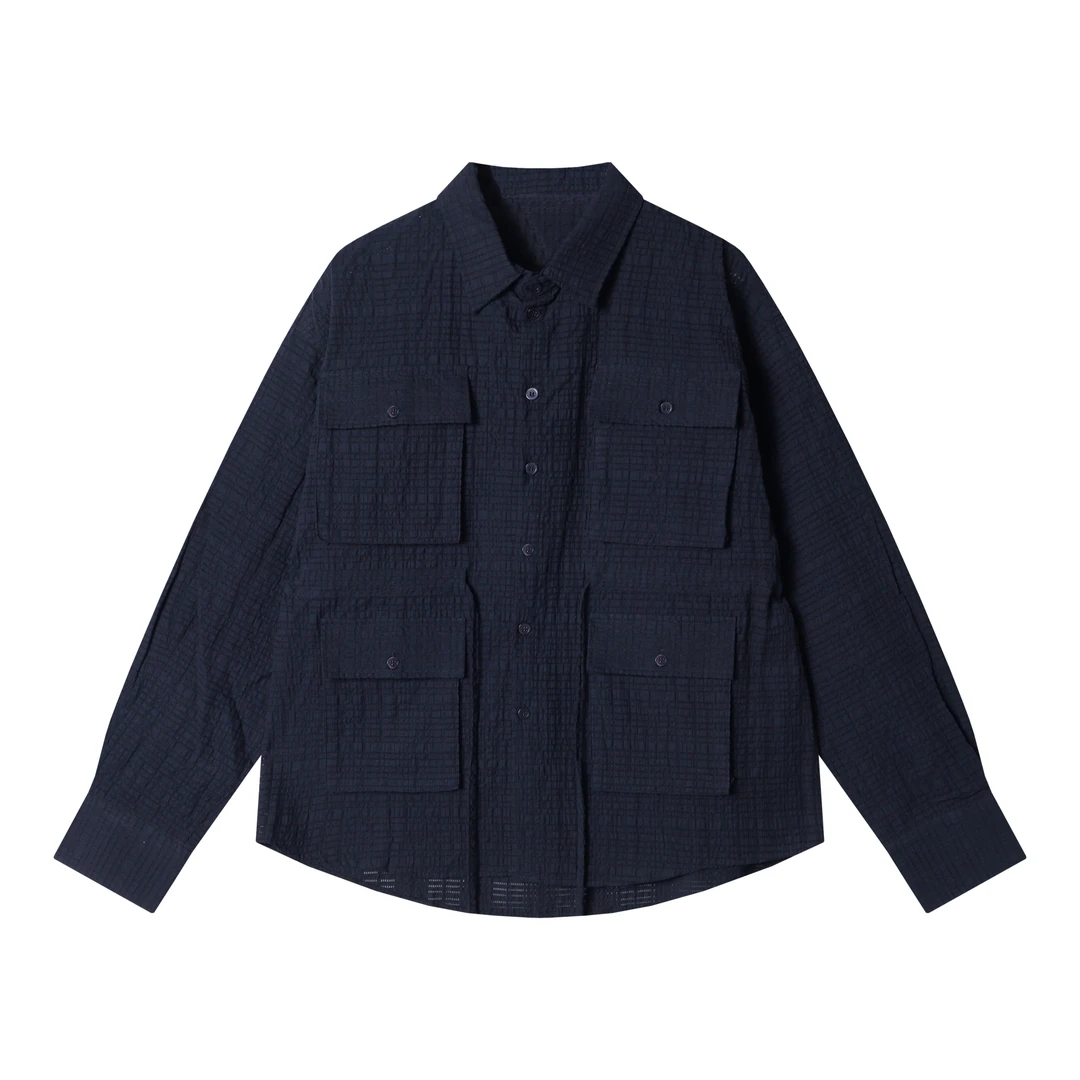 春夏季新款时尚个性多口袋设计肌理感免烫衬衫男韩版宽松衬衣