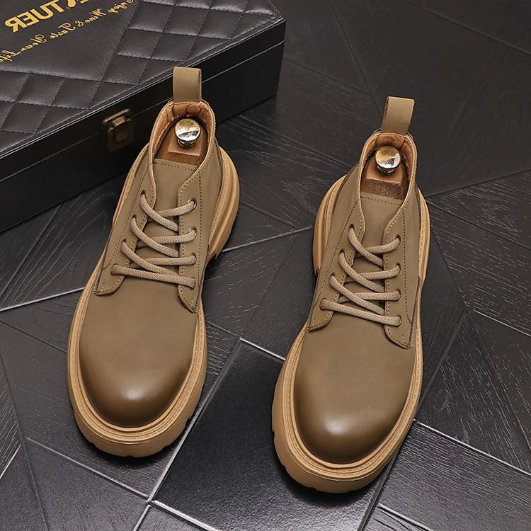 保暖短靴男秋冬复古英伦风马丁靴系带百搭男靴子短筒休闲厚底潮靴