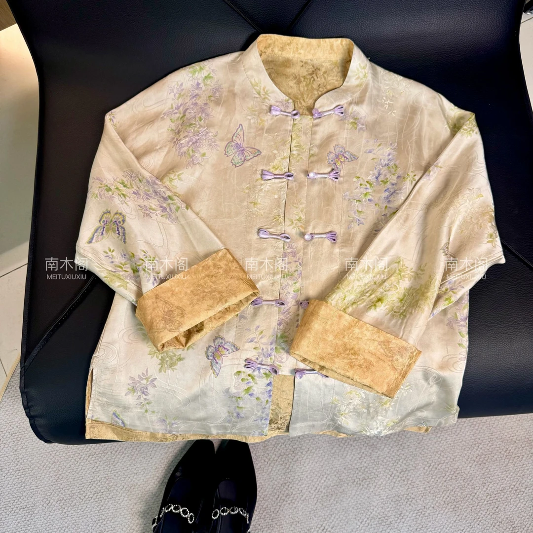 (光辉蝶翼)2025薄款唐装女短外套双层新中式外套宽松型复古对襟