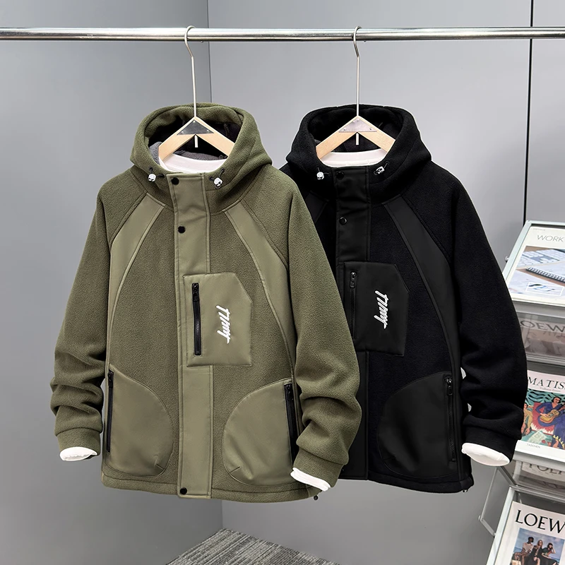 390斤潮胖秋冬加绒加厚大码男士摇粒绒外套时尚拼接连帽夹克上衣