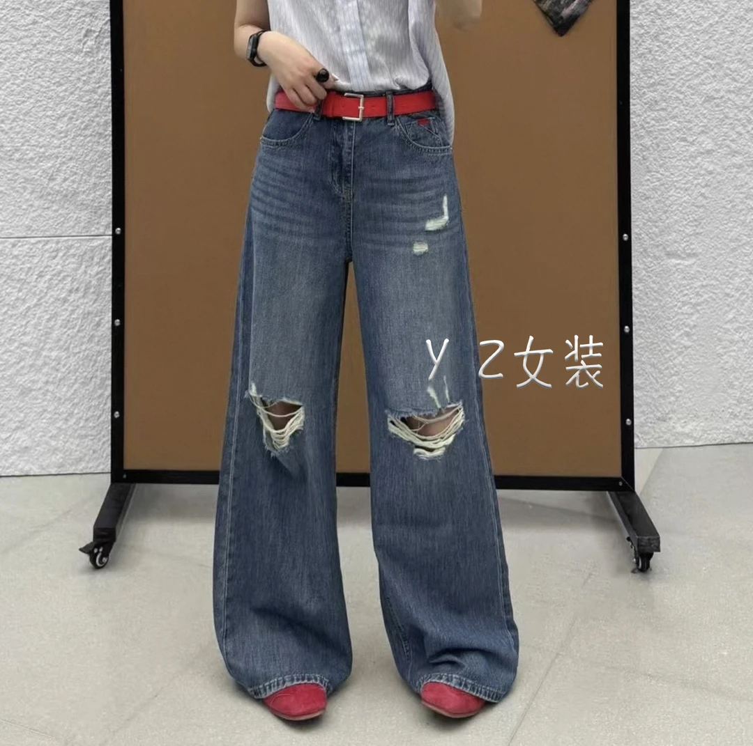233蓝色水洗破洞宽松直筒阔腿牛仔裤2025年夏季女显瘦长裤