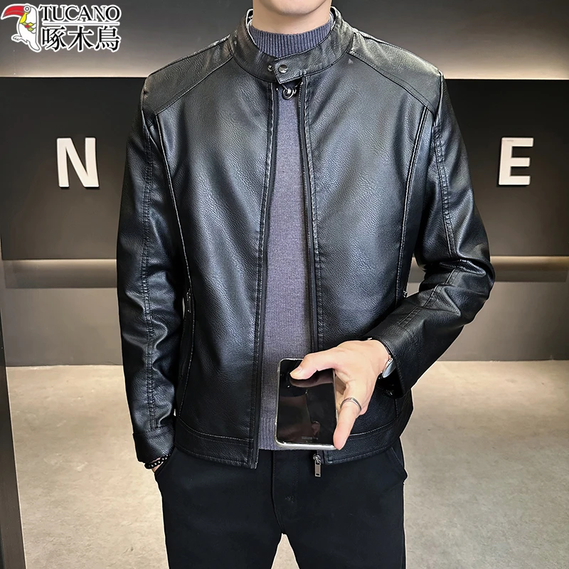 TUCANO/啄木鳥男士秋冬季新款休闲皮夹克PU软皮立领加绒皮衣外套