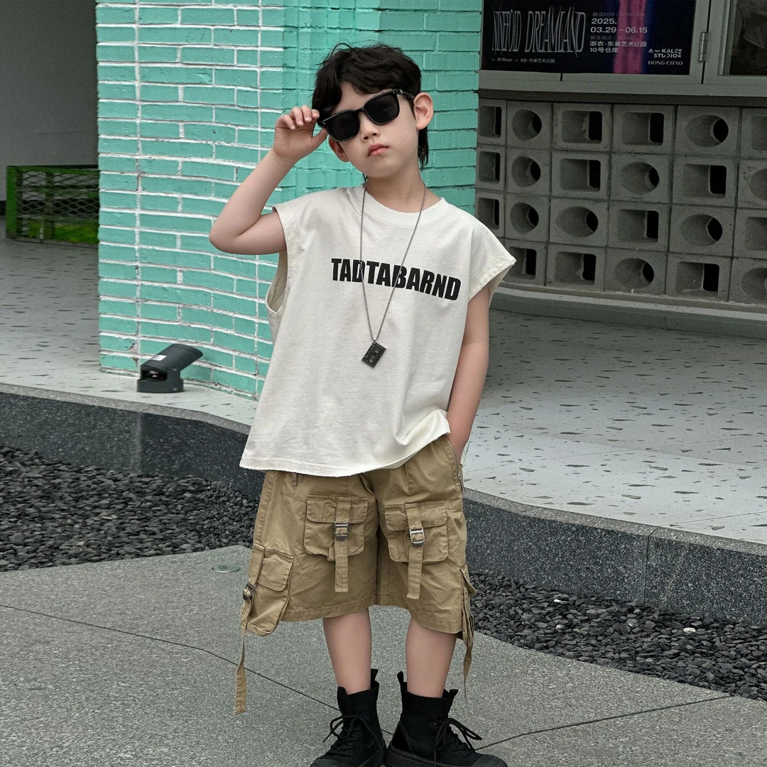 男童背心2025新款夏季透气纯棉宽松无袖t恤儿童夏款短袖男孩潮酷T