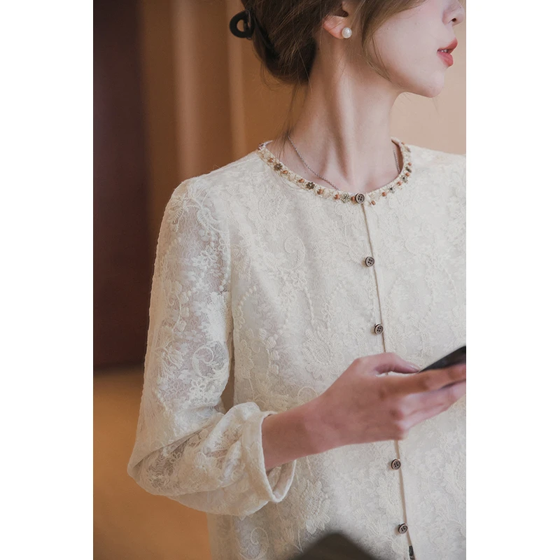 小谷粒【时光蕾丝衫】抽皱领口织带时尚浪漫泡泡袖独特漂亮蕾丝小衫