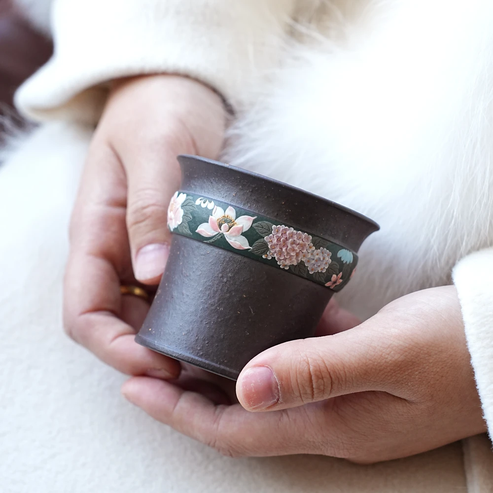 【松泉茶器】×余飞洋丨《繁花小杯》 紫泥 115cc泥绘 紫砂 主人杯