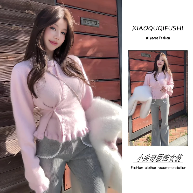 超火秋冬季穿搭一整套女2025新款韩版甜美风洋气毛衣微喇裤两件套