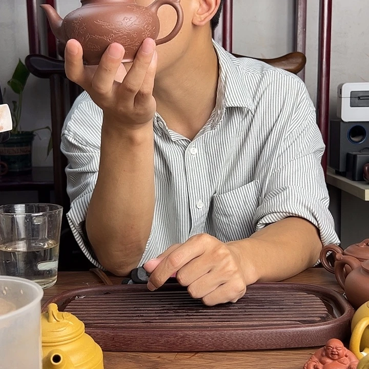 紫砂茶壶原矿紫泥刻绘笑樱紫砂壶