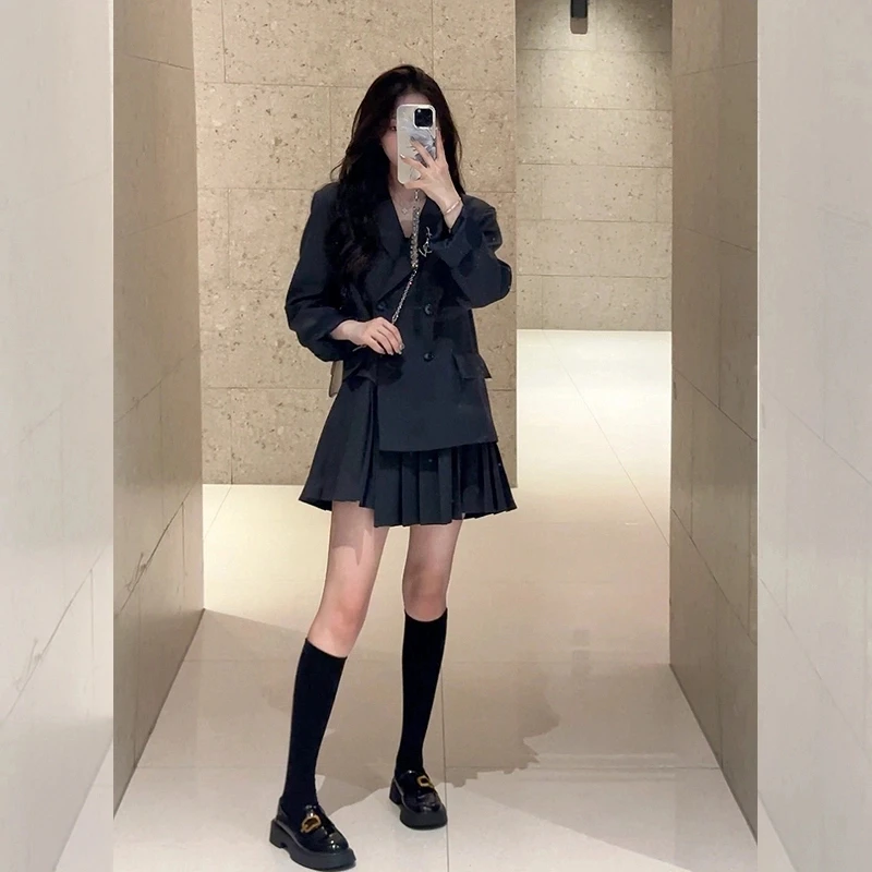 壹壹【格林少女】设计感显瘦假两件西装拼接压褶连衣裙 2309D04