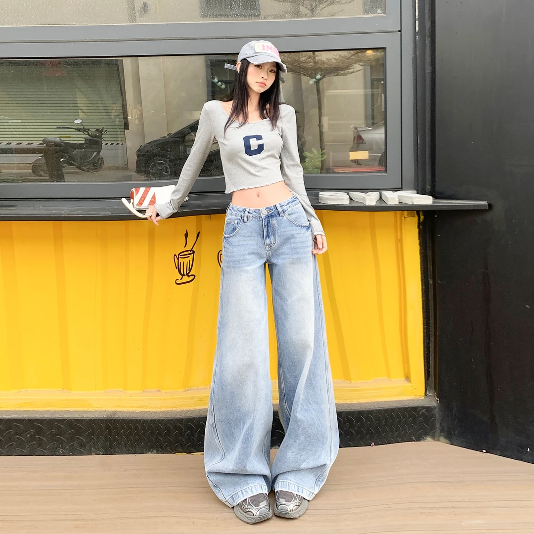2025美式浅蓝色设计感水洗宽松垂感阔腿直筒裤新款百搭拖地裤紫女