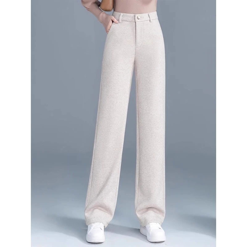 醋酸羊毛阔腿裤女士2025秋冬季新款加绒羊毛呢休闲窄版直筒长裤子