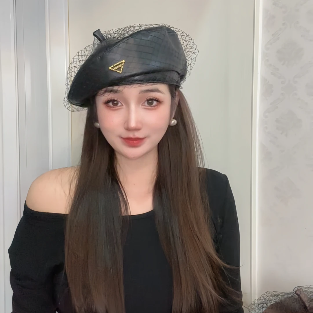 秋冬新款显脸小网纱贝雷帽女法式复古PU皮贝雷帽网红同款八角帽