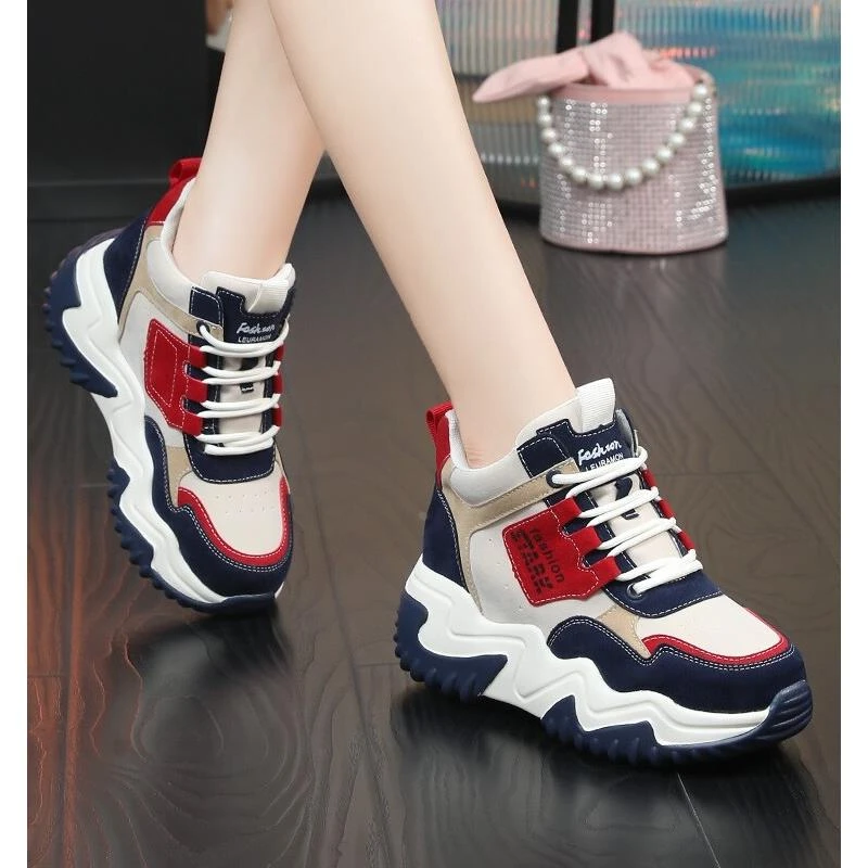 万达撤柜头层牛皮老爹鞋厚底松糕女鞋2025休闲鞋春季内增高小白鞋